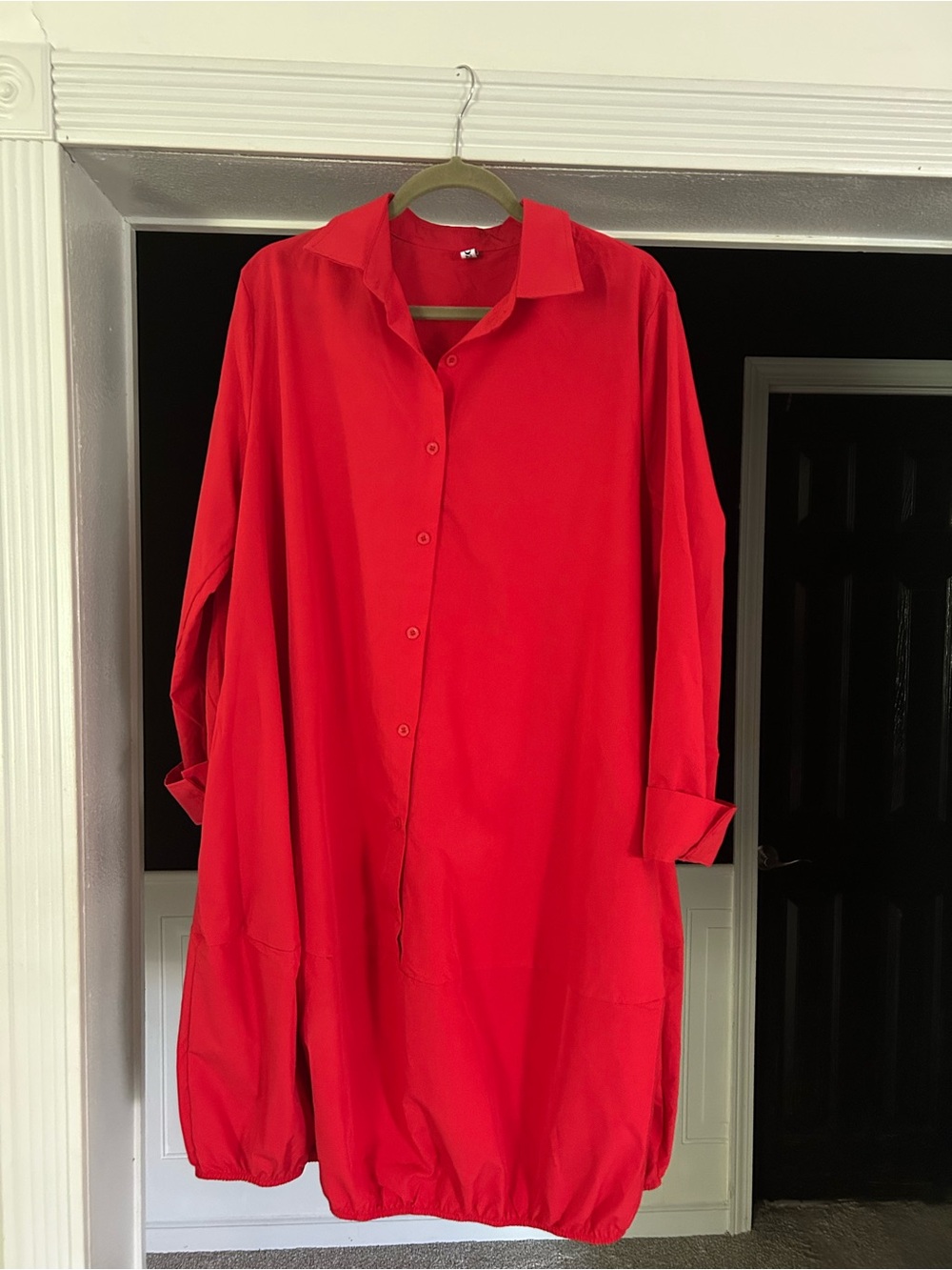 Bright Red Midi Shirt Dress with Button Front